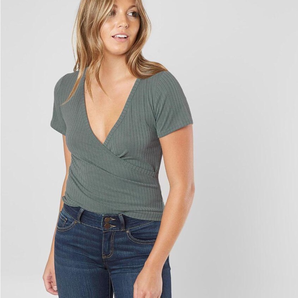 Red by BKE Surplice Ribbed Top Sage Green